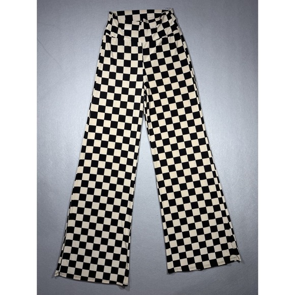 white birch Pants - Y2K Crépas Women's Black & White Checkered Flare Pants Size S Moto Stretch Emo